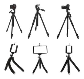 Set with modern tripods on white background 