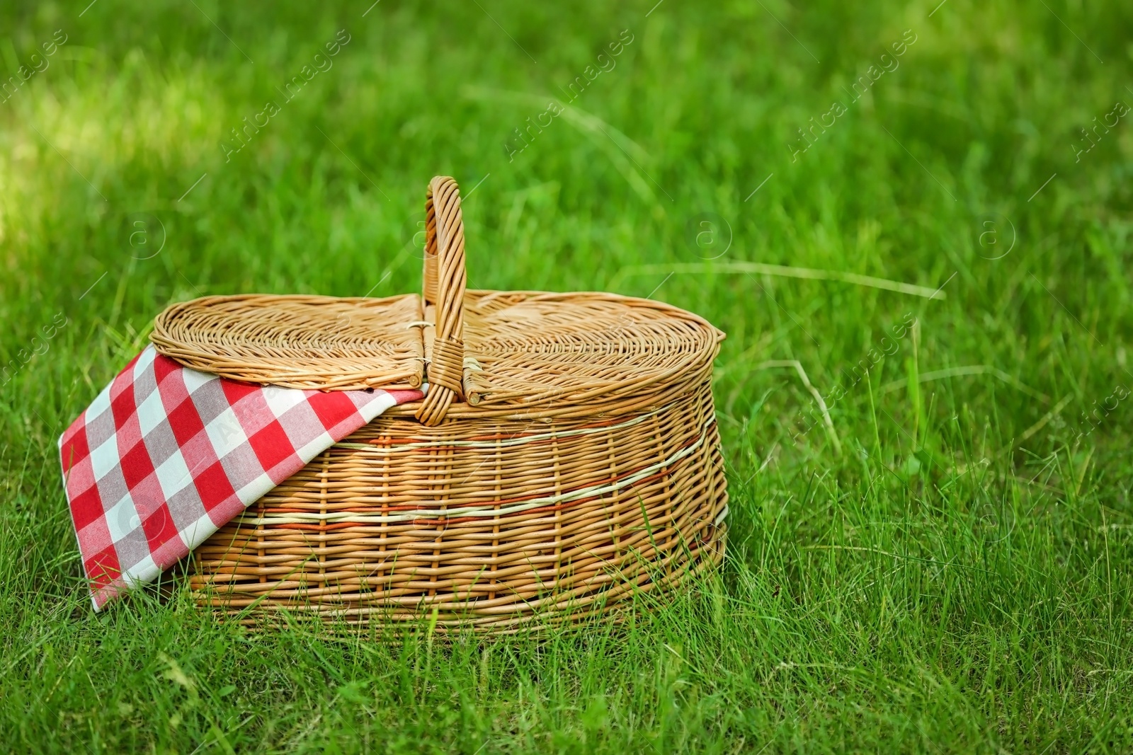 Photo of Wicker basket with blanket on green grass in park, space for text. Summer picnic