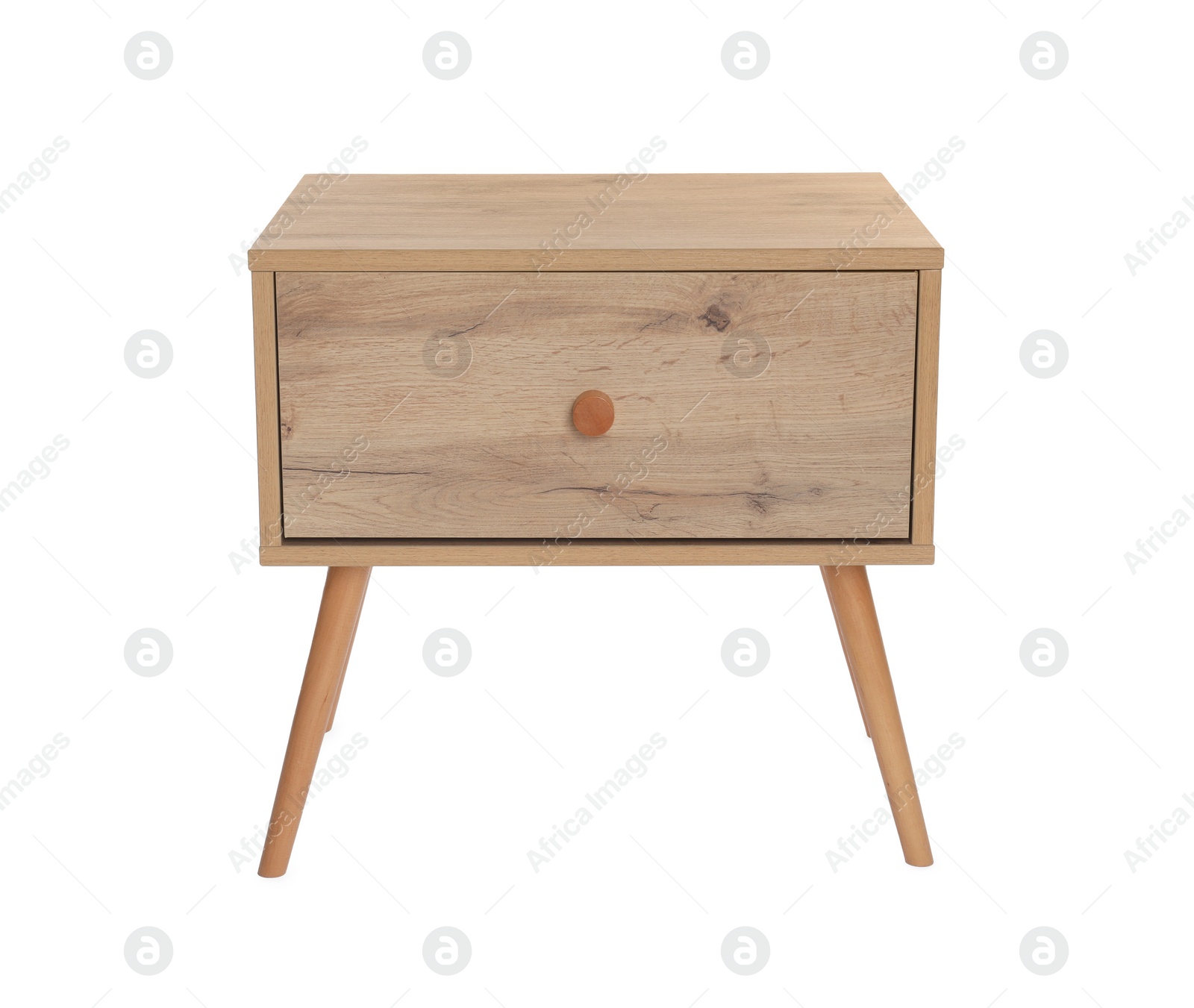 Photo of Stylish wooden bedside table isolated on white