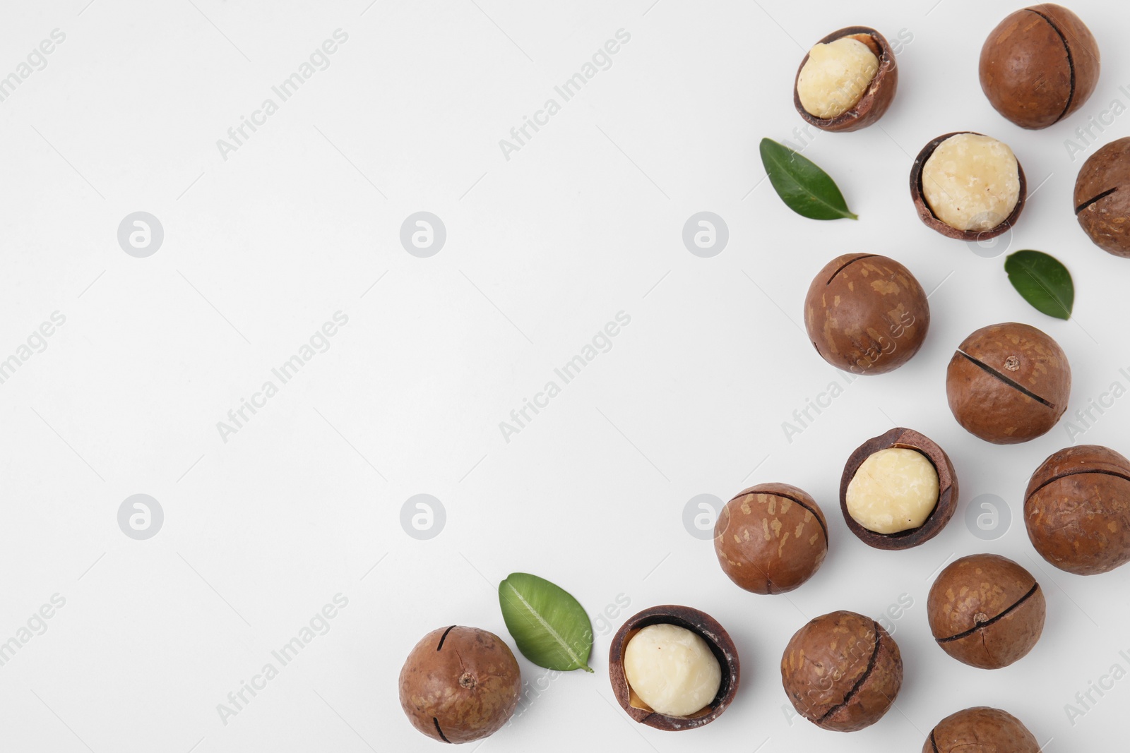 Photo of Tasty Macadamia nuts and green leaves on white background, flat lay. Space for text