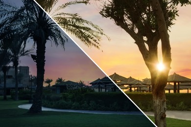 Photo before and after retouch, collage. Beautiful landscape with tropical resort at sunset
