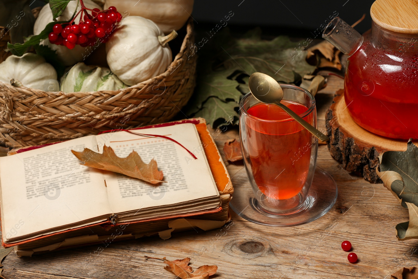 Photo of Delicious viburnum tea, books and pumpkins on wooden table. Cozy autumn atmosphere