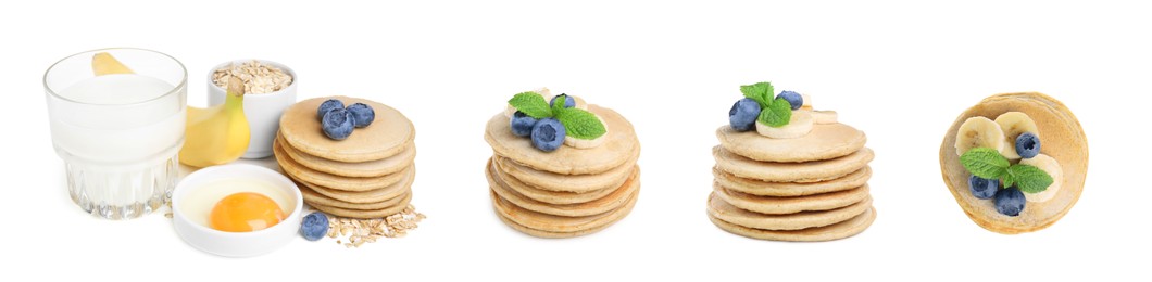 Image of Set with tasty oatmeal pancakes on white background. Banner design