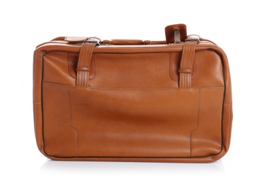 Classic brown suitcase on white background