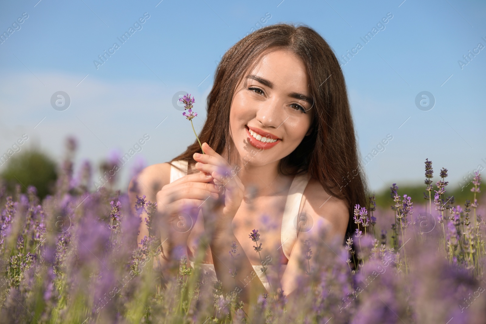 Photo of Young woman in lavender field on summer day