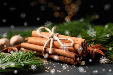 Different spices and fir tree branches on dark table, closeup. Cinnamon, anise, cardamom, nutmegs