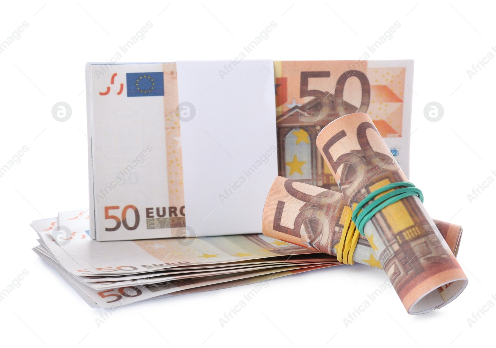 Photo of 50 Euro banknotes on white background. Money exchange