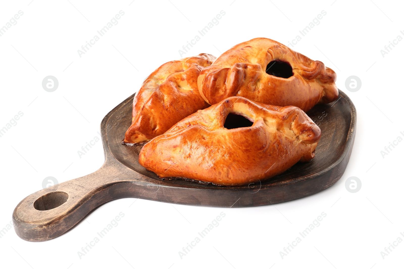 Photo of Wooden board with delicious baked patties on white background