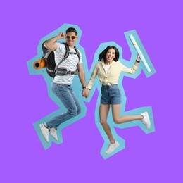 Image of Pop art poster. Couple of tourists jumping on violet background
