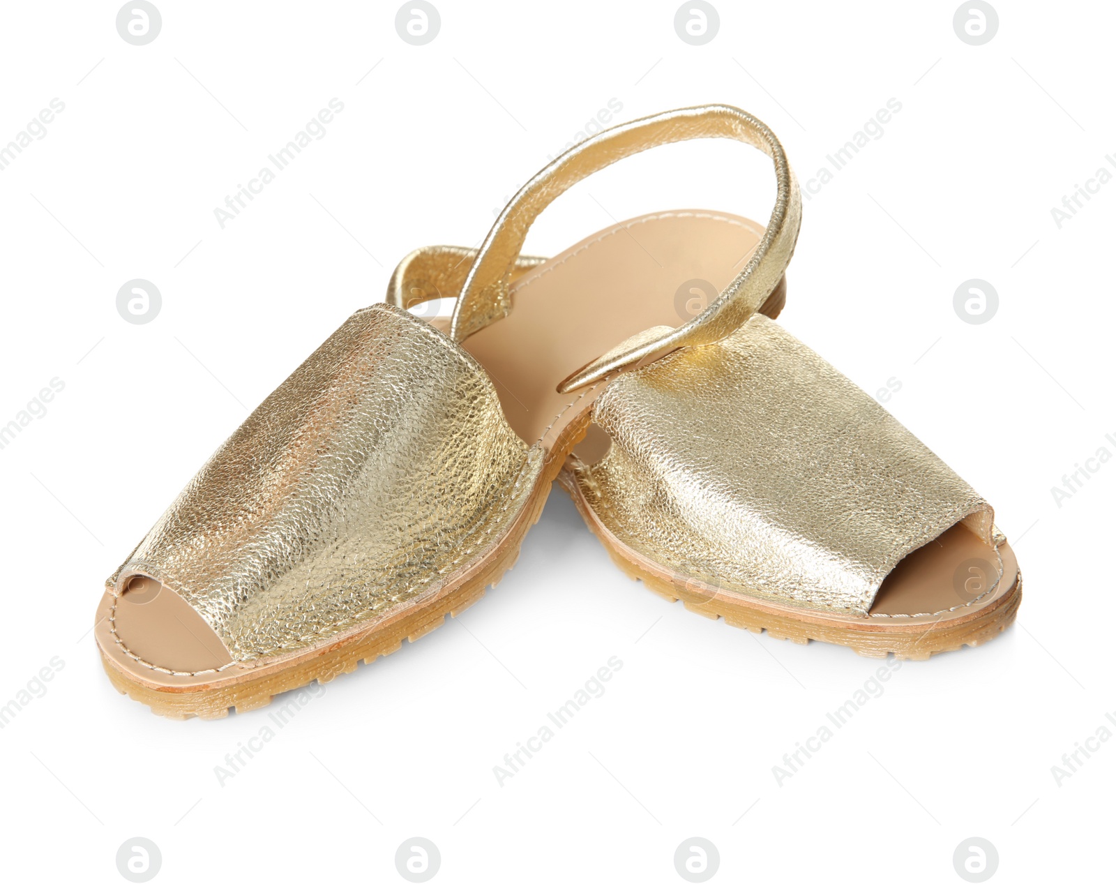 Photo of Pair of female shoes on white background