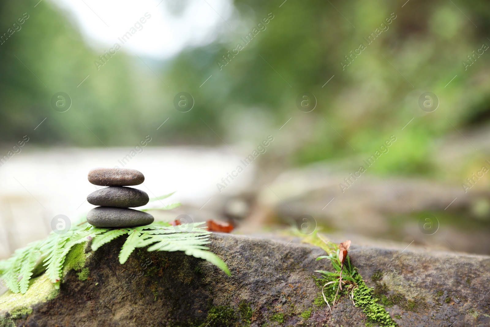 Photo of Balancing zen pebble stones outdoors against blurred background. Space for text