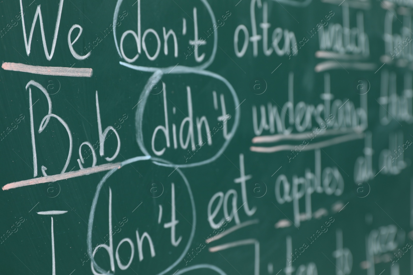 Photo of English grammar rules written with chalk on green board, closeup