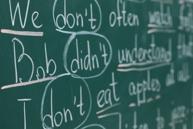 Photo of English grammar rules written with chalk on green board, closeup