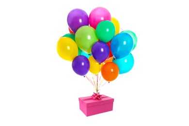 Many balloons tied to pink gift box on white background