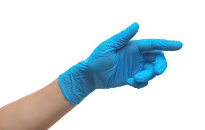 Photo of Doctor wearing light blue medical glove pointing at something on white background, closeup