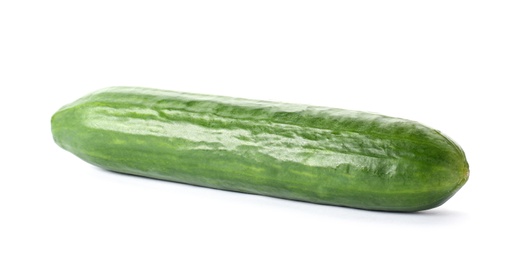 Photo of Fresh green cucumber on white background