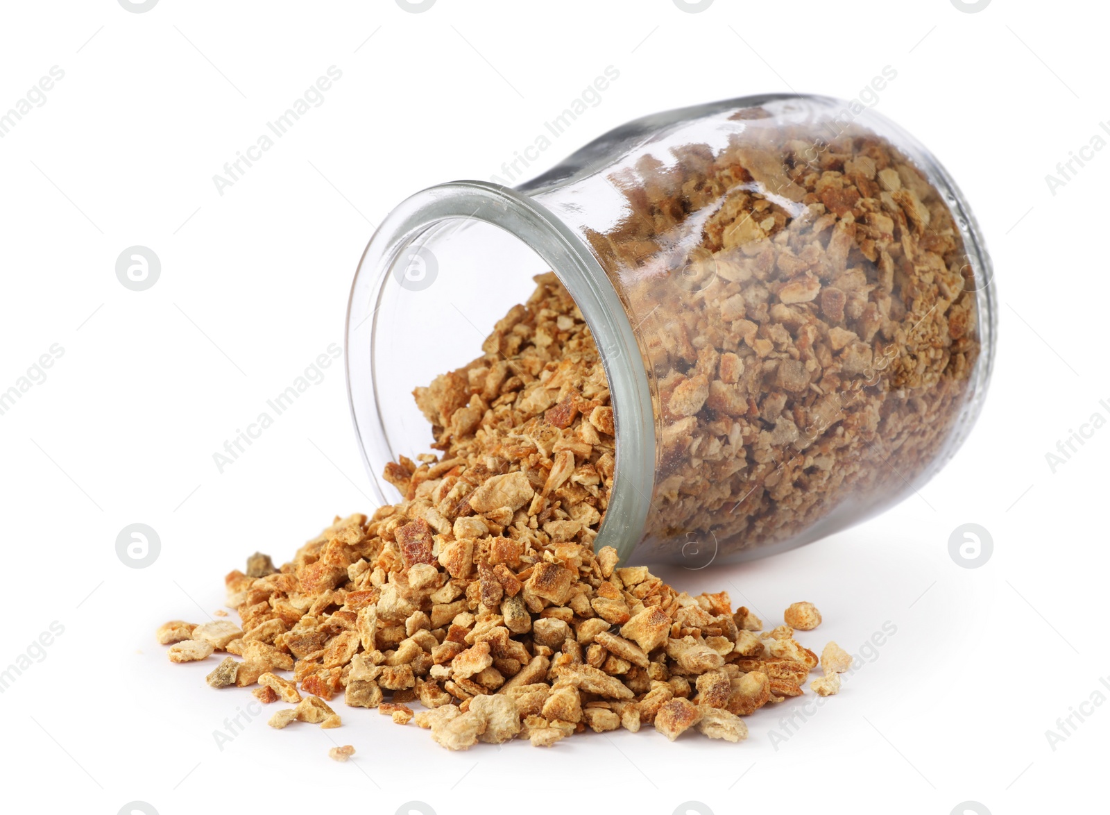 Photo of Dried orange zest seasoning in jar isolated on white