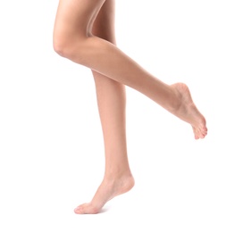 Photo of Woman with beautiful legs on white background, closeup. Spa treatment