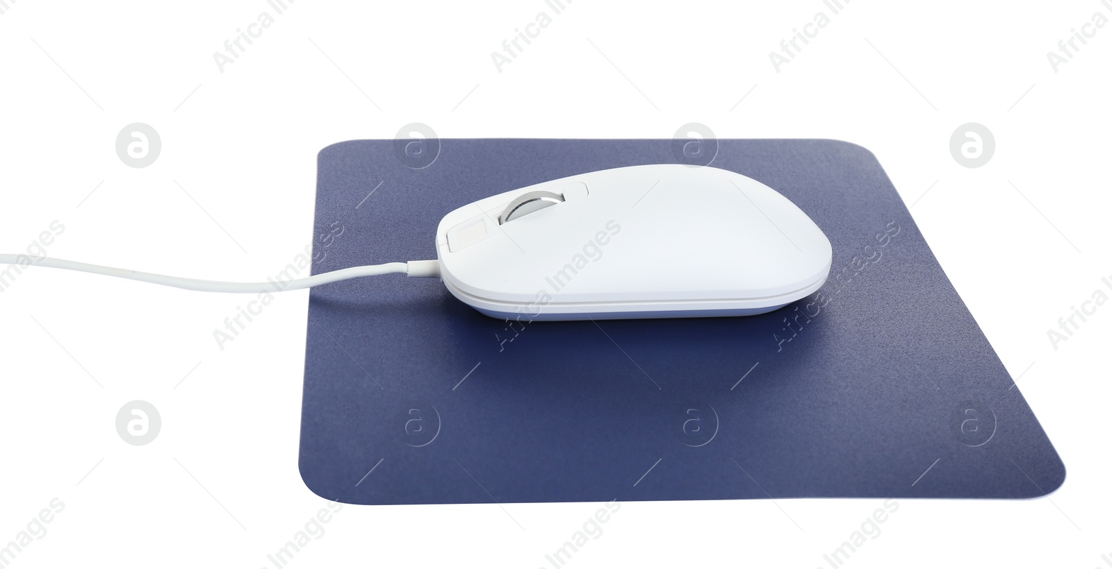 Photo of Modern wired optical mouse and blue pad isolated on white