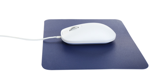 Photo of Modern wired optical mouse and blue pad isolated on white