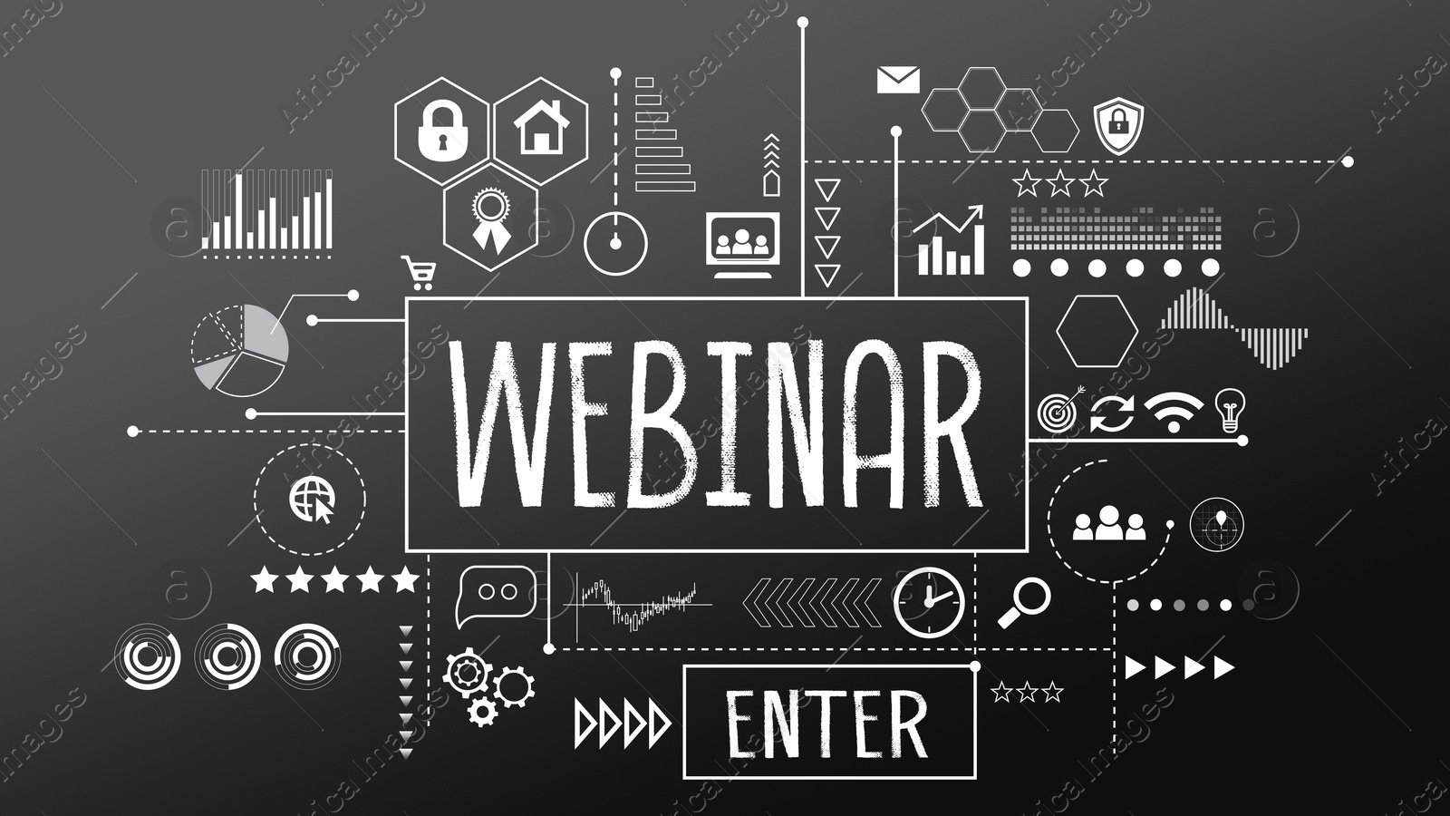 Illustration of Online webinar. Web page with different icons and Enter button on dark gray background