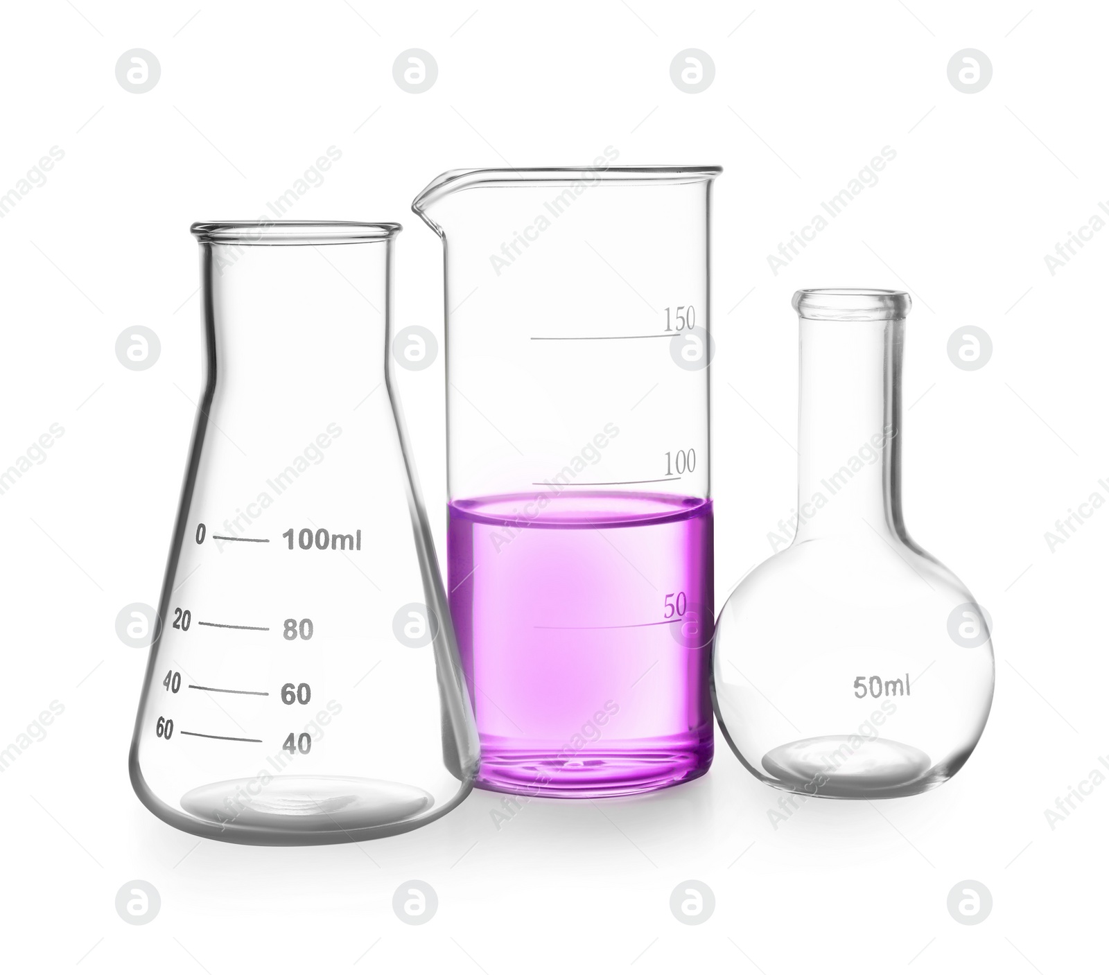 Image of Glass flasks and beaker with color liquid isolated on white