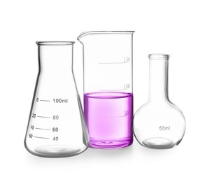 Image of Glass flasks and beaker with color liquid isolated on white