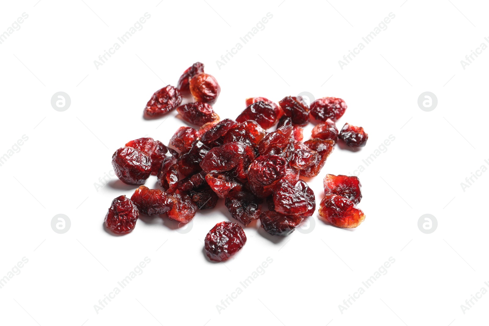 Photo of Cranberries on white background, top view. Dried fruit as healthy snack