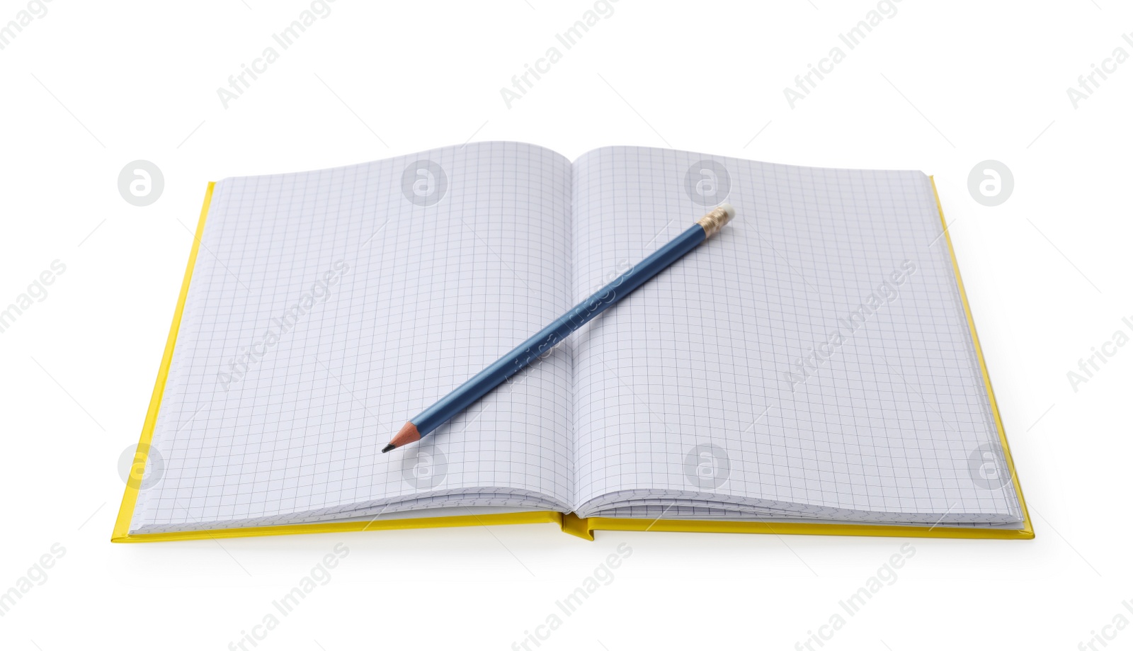 Photo of Open notebook with blank sheets and pencil isolated on white
