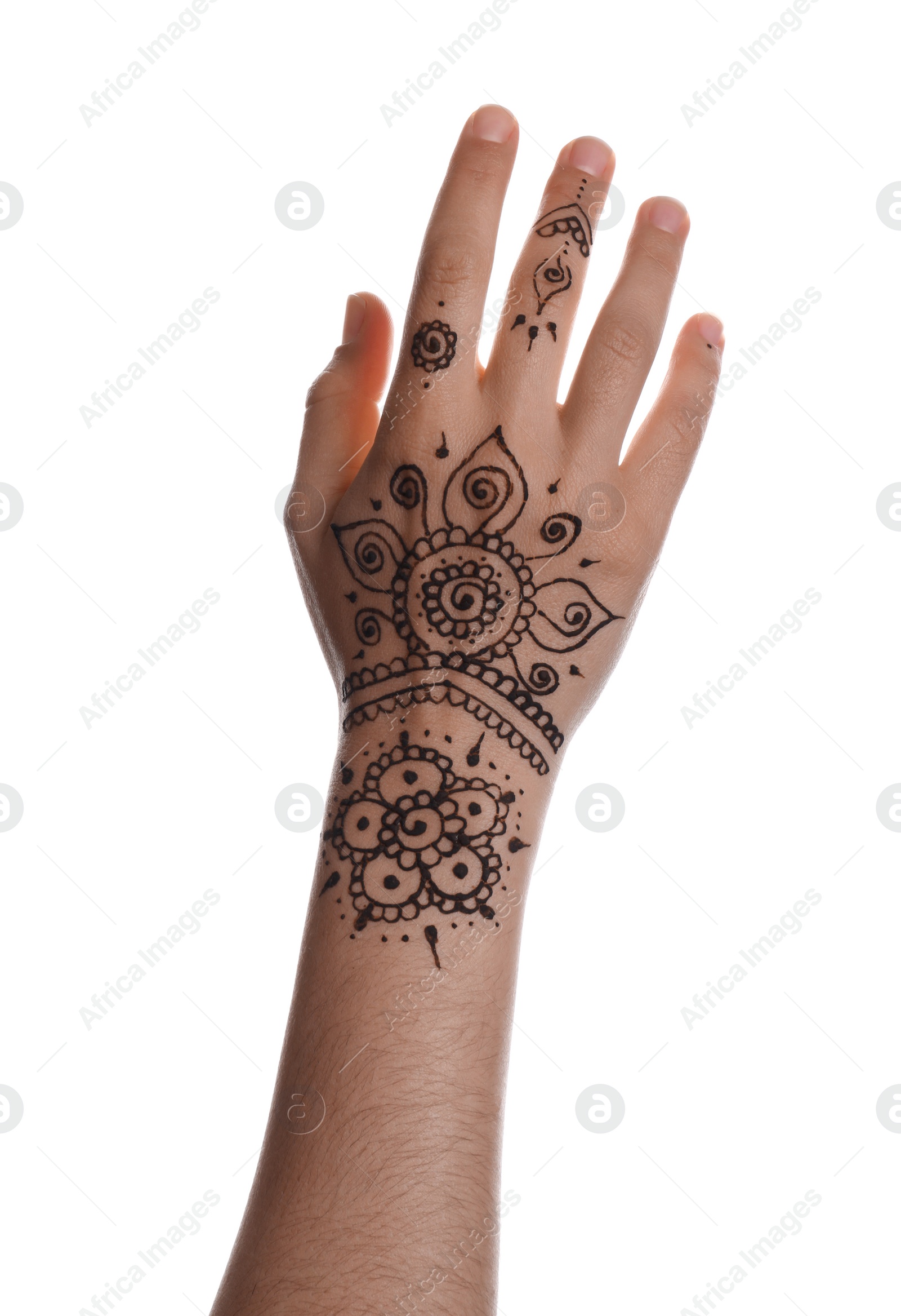 Photo of Woman with beautiful henna tattoo on hand against white background, closeup. Traditional mehndi