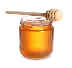 Photo of Tasty natural honey in glass jar and dipper isolated on white