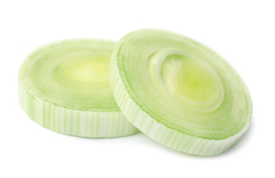 Photo of Fresh raw leek slices on white background. Ripe onion