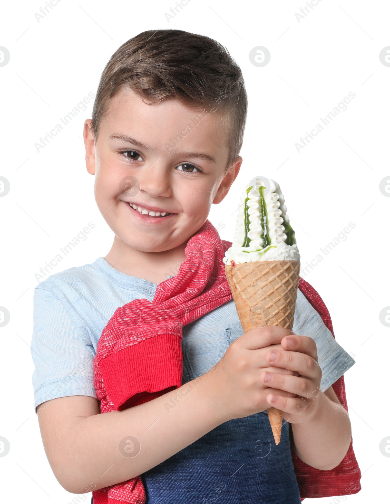 Photo of Adorable little boy with delicious ice cream on white background