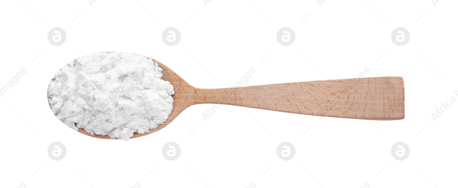 Photo of Wooden spoon of natural starch isolated on white, top view