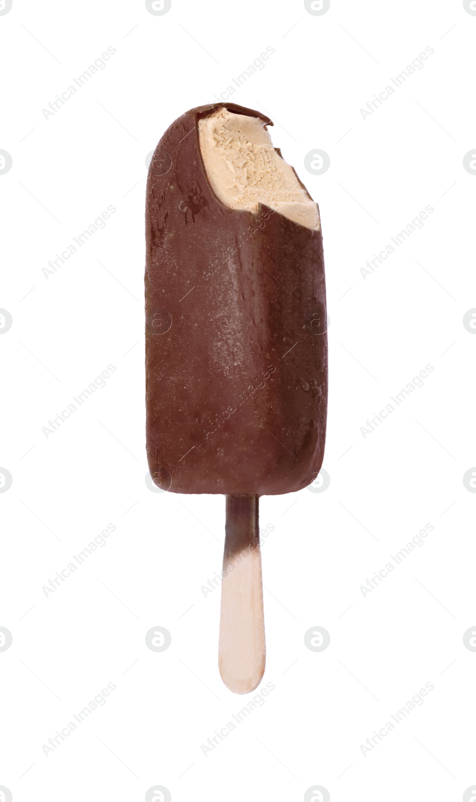 Photo of Tasty bitten glazed ice cream bar isolated on white, top view