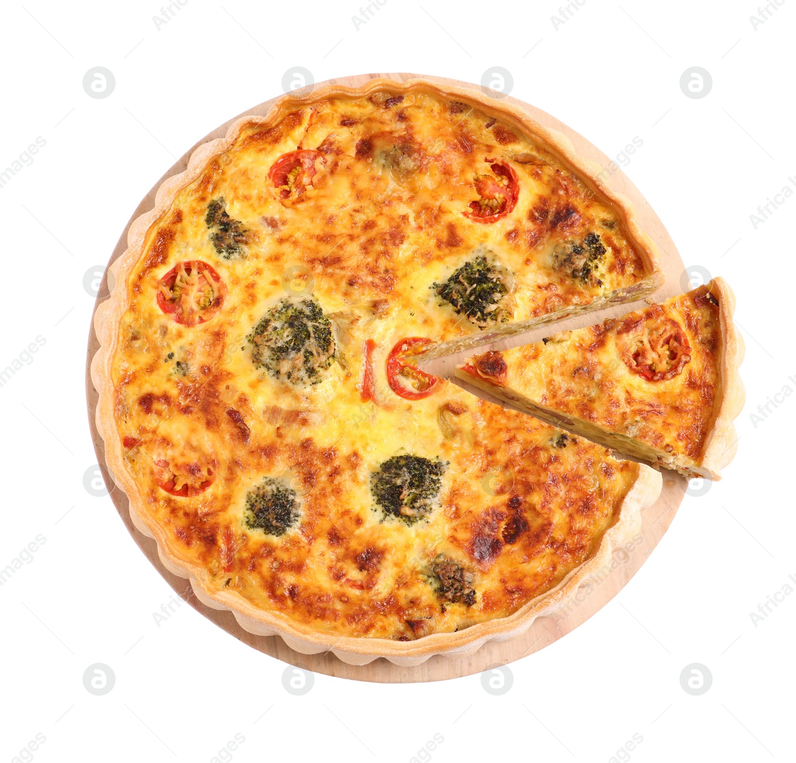 Photo of Delicious homemade vegetable quiche isolated on white, top view