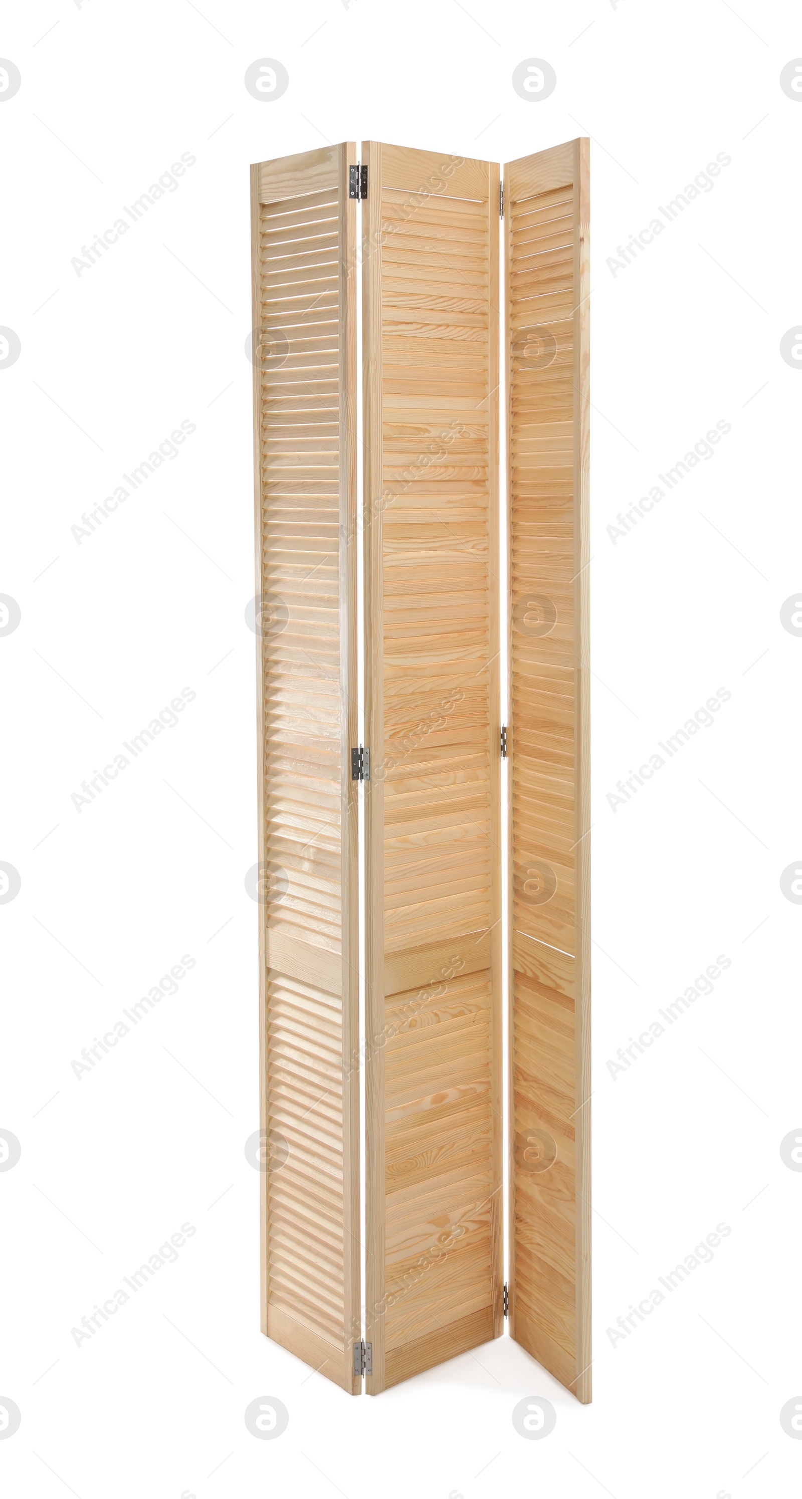 Photo of Wooden folding screen isolated on white. Interior element