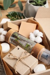 Photo of Box with eco friendly personal care products, closeup