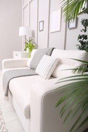 Photo of Living room interior with white furniture, stylish accessories and houseplants