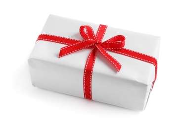 Photo of Beautifully wrapped gift box on white background