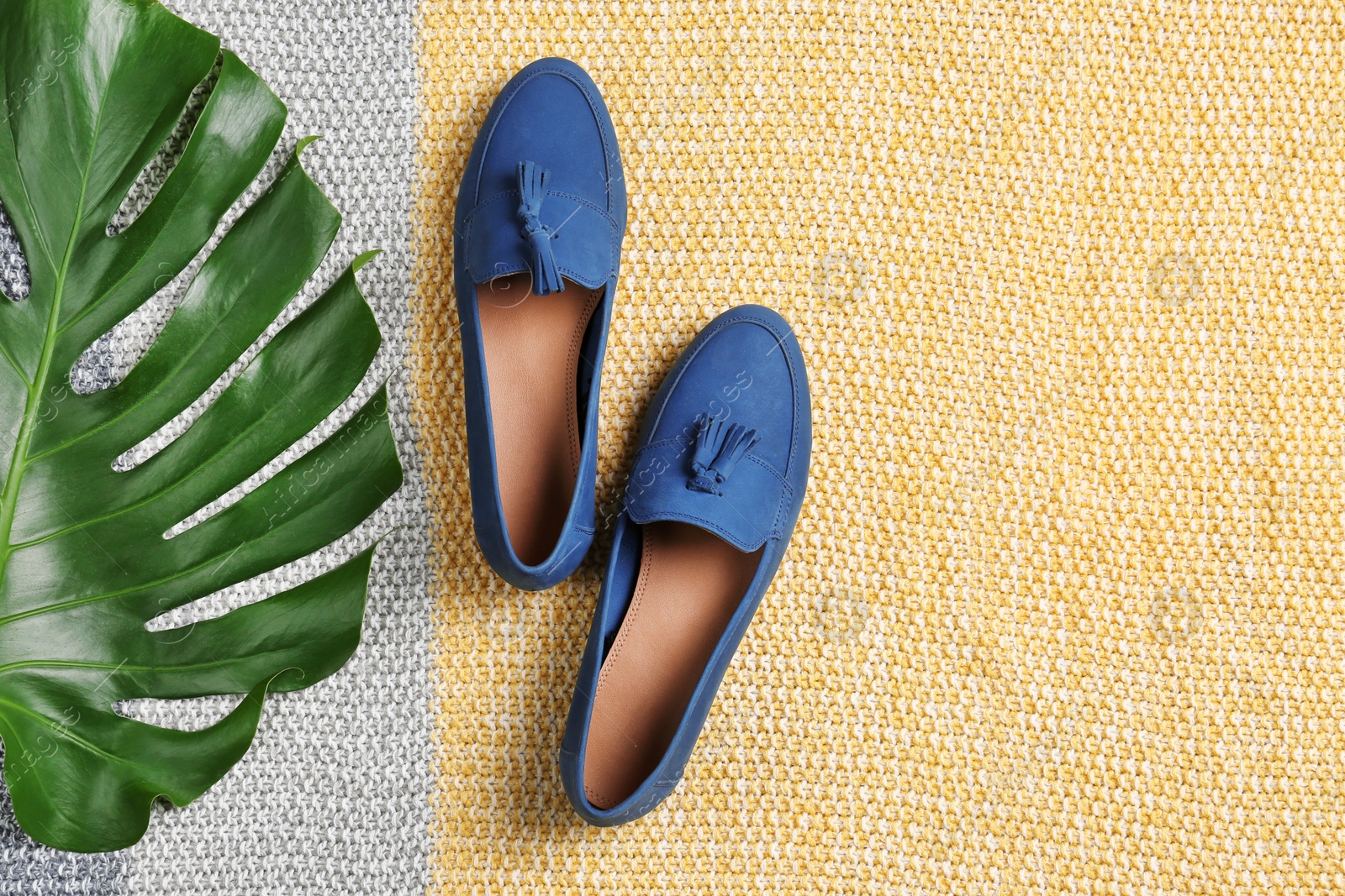 Photo of Pair of female shoes with green leaf on fabric, top view