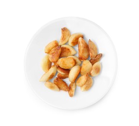 Plate of fried garlic cloves isolated on white, top view