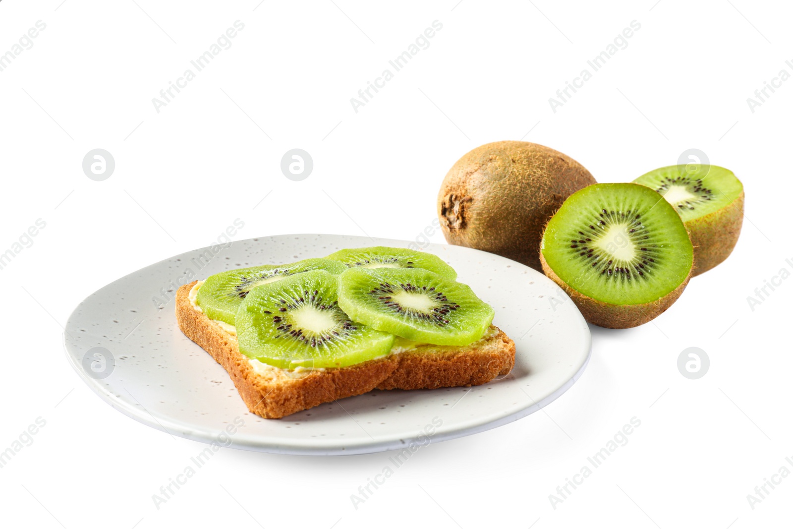 Photo of Delicious toast with sliced kiwi and butter isolated on white