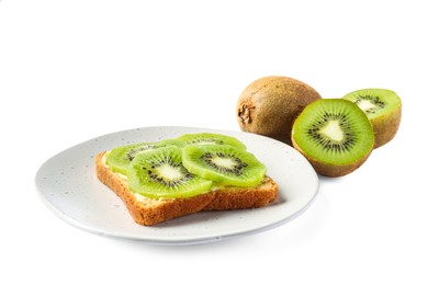 Photo of Delicious toast with sliced kiwi and butter isolated on white