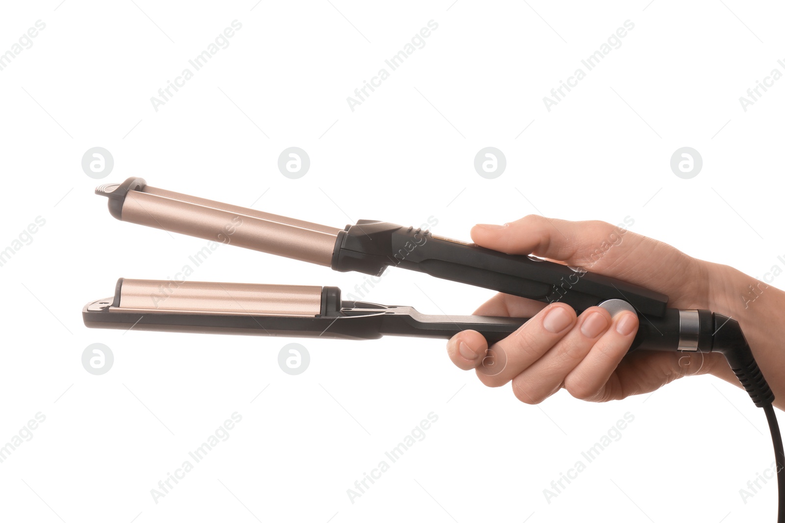 Photo of Woman holding modern triple curling iron on white background, closeup