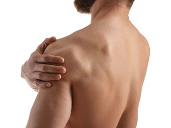 Man with muscular body on white background, closeup