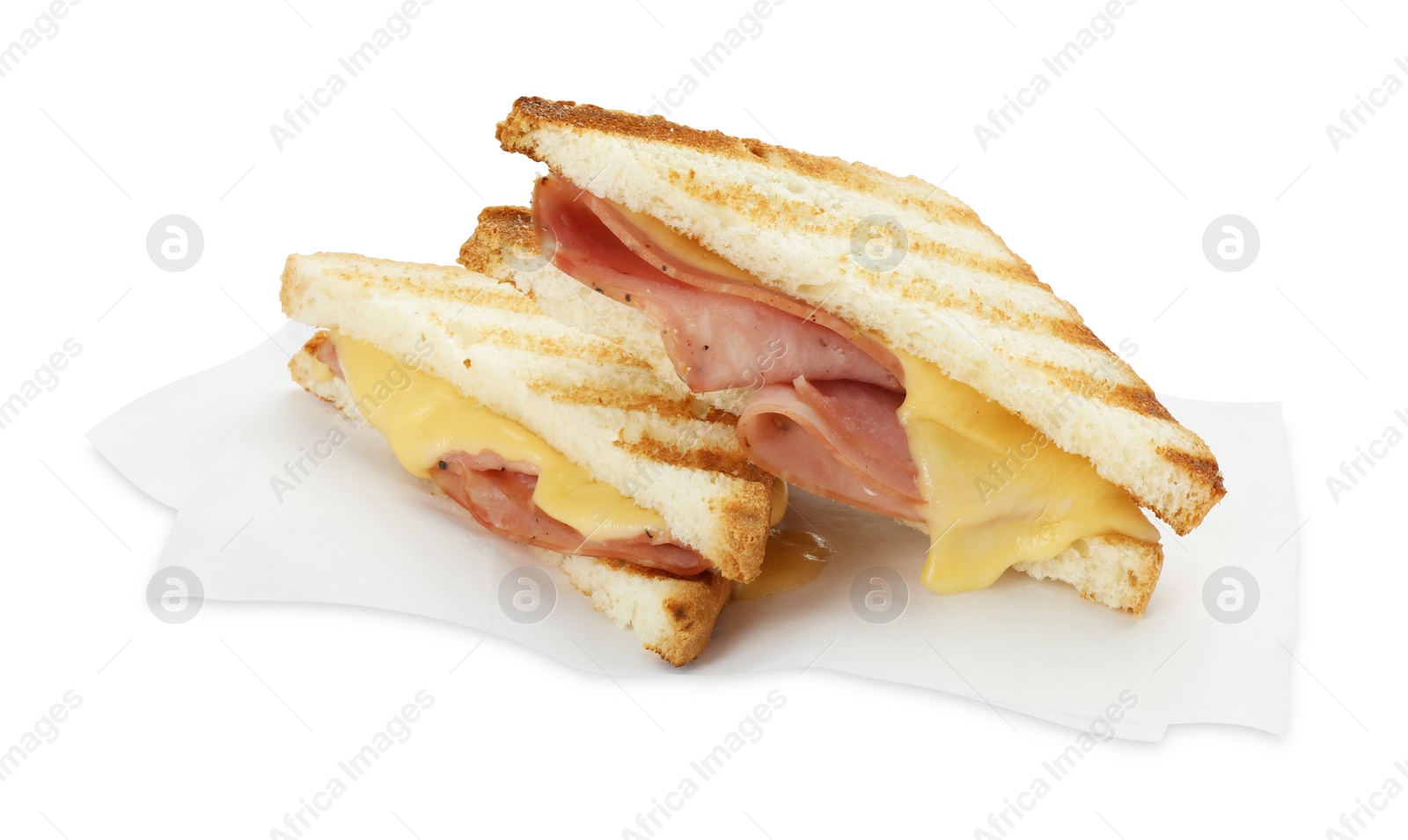 Photo of Tasty sandwiches with ham and melted cheese isolated on white