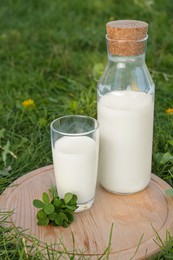 Photo of Glass and bottle of milk on wooden board outdoors