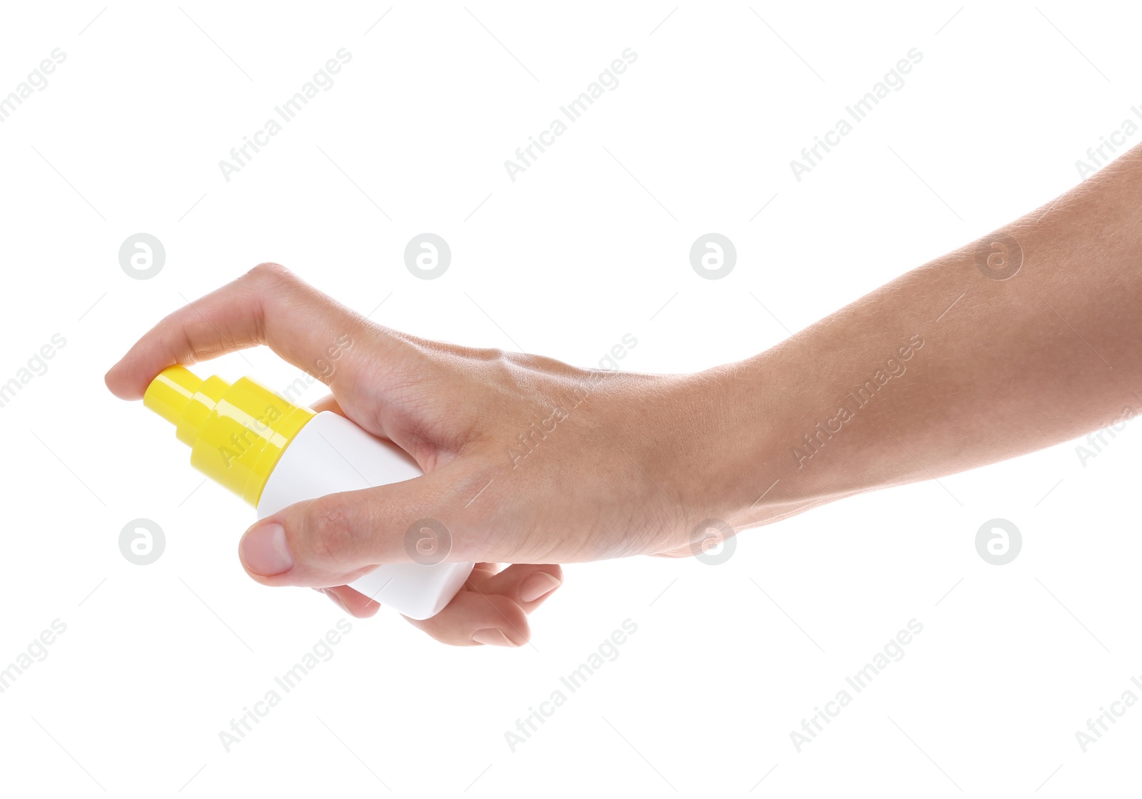 Photo of Woman with bottle of insect repellent spray on white background, closeup