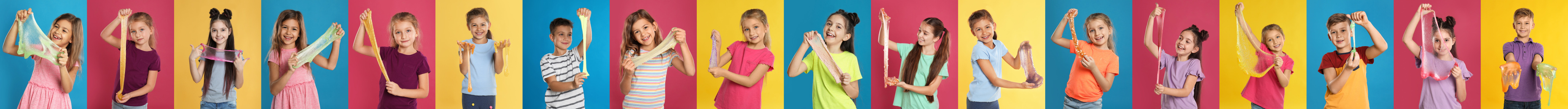 Image of Collage of children with different slimes on color backgrounds. Banner design 